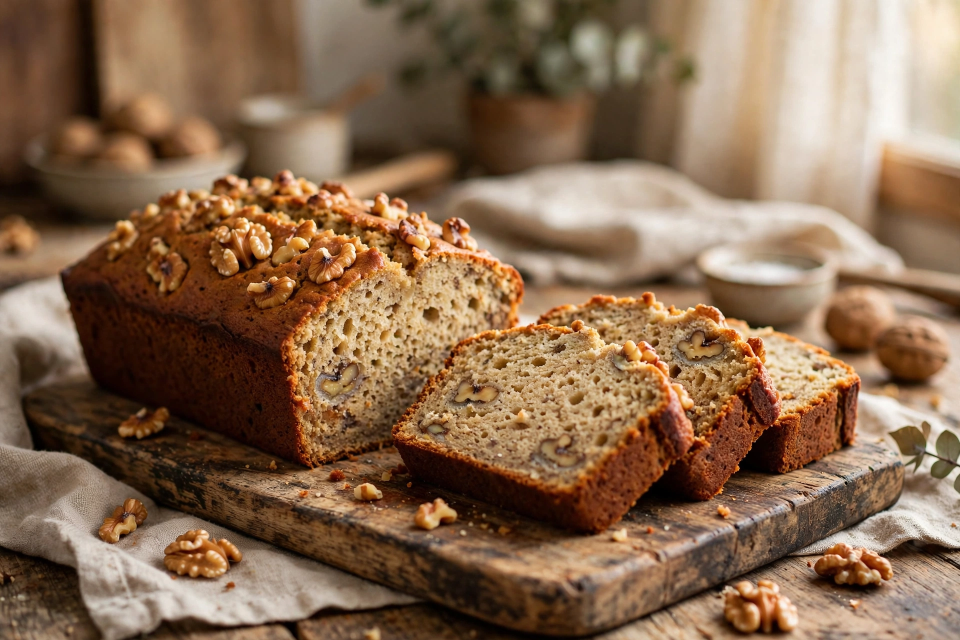 Classic moist banana bread loaf sliced showing tender crumb