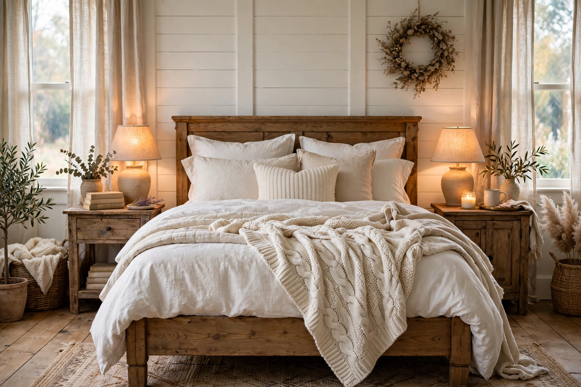 Cozy farmhouse bedroom with neutral bedding and rustic decor