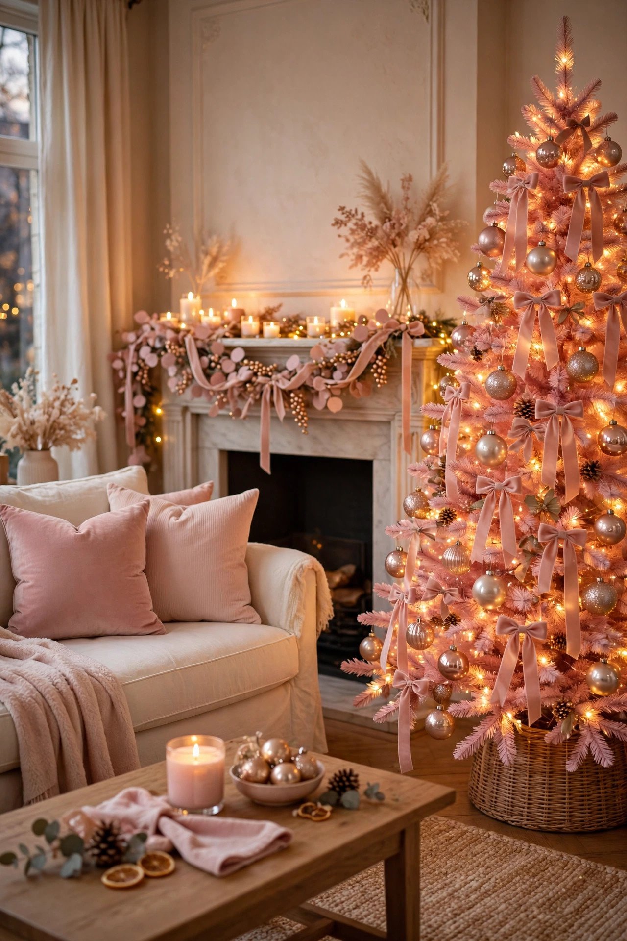 Blush pink Christmas tree with rose gold ornaments in a cozy living room