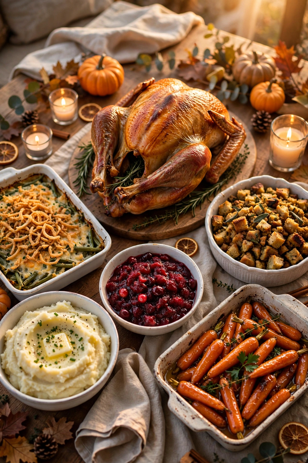 Thanksgiving dinner table spread with turkey, mashed potatoes, green bean casserole, stuffing, cranberry sauce and glazed carrots