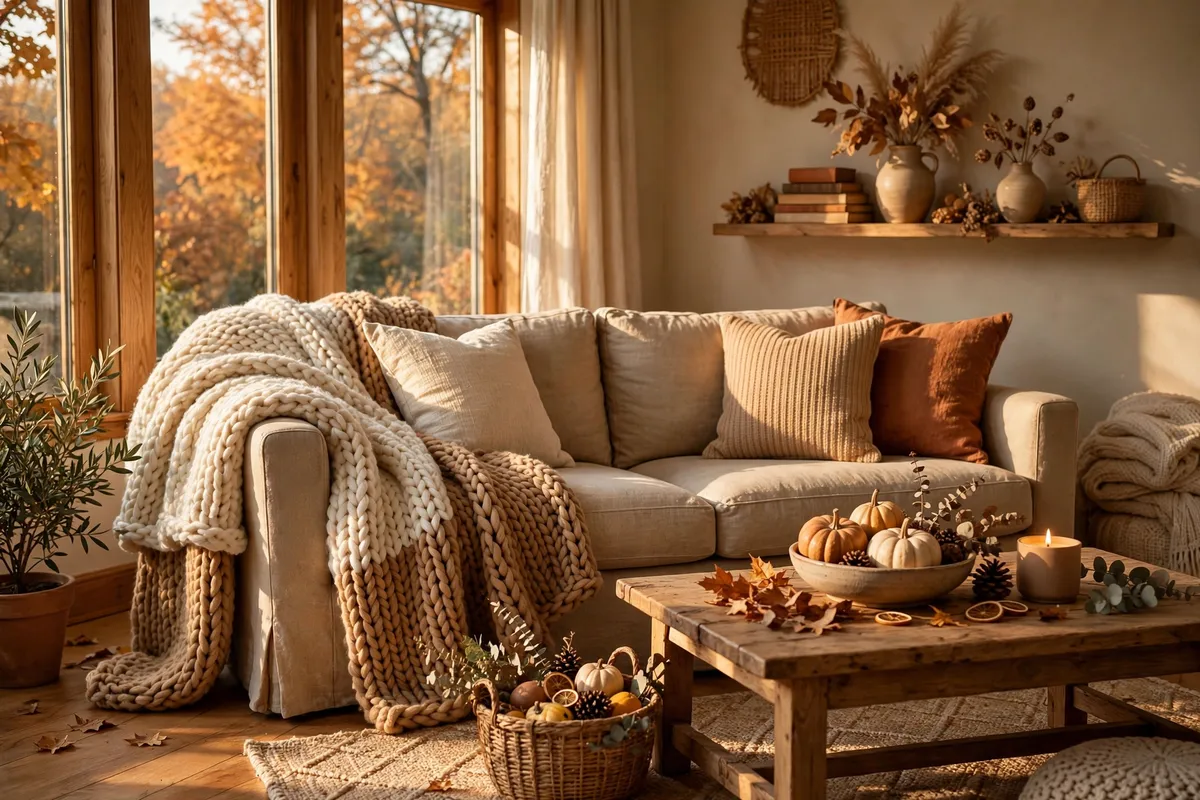 Fall living room decor idea: Drape a Chunky Knit Throw Over the Sofa Arm