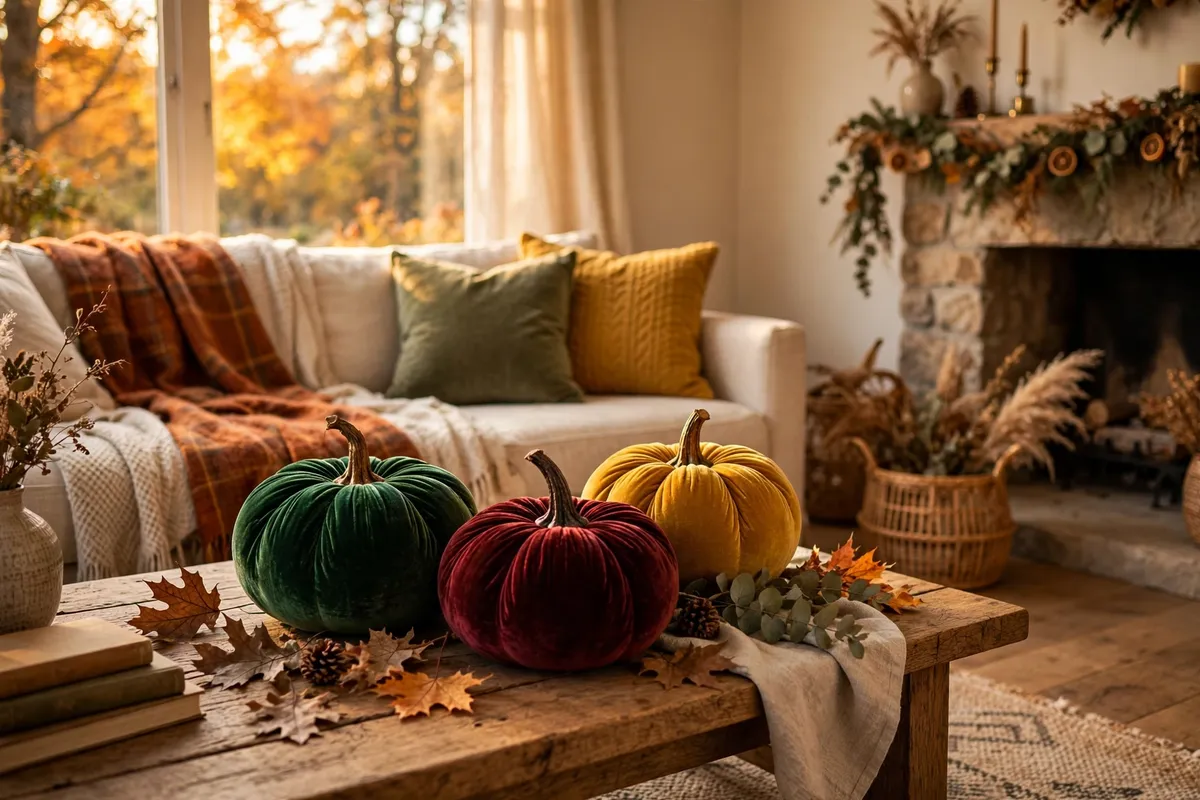 Fall living room decor idea: Swap Orange Pumpkins for Velvet Ones in Jewel Tones