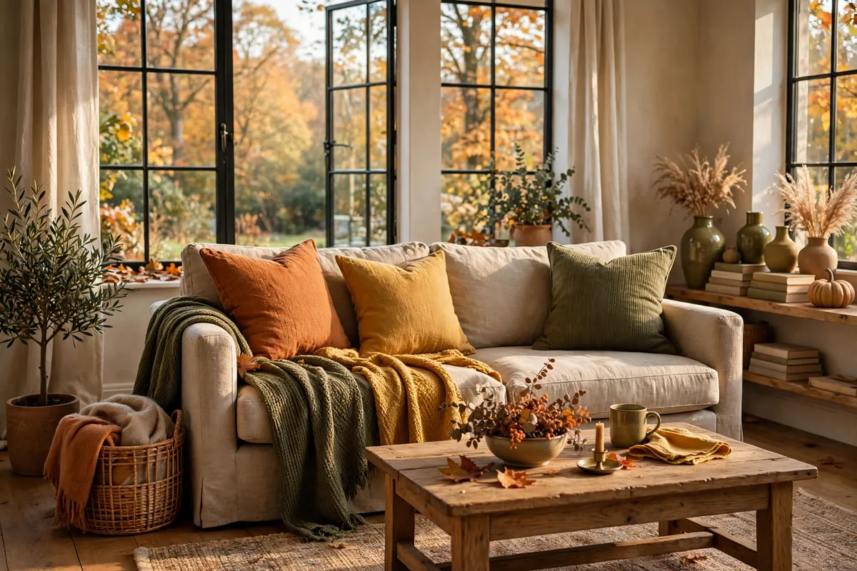 Fall living room decor idea: Layer Throw Pillows in Rust, Mustard, and Olive