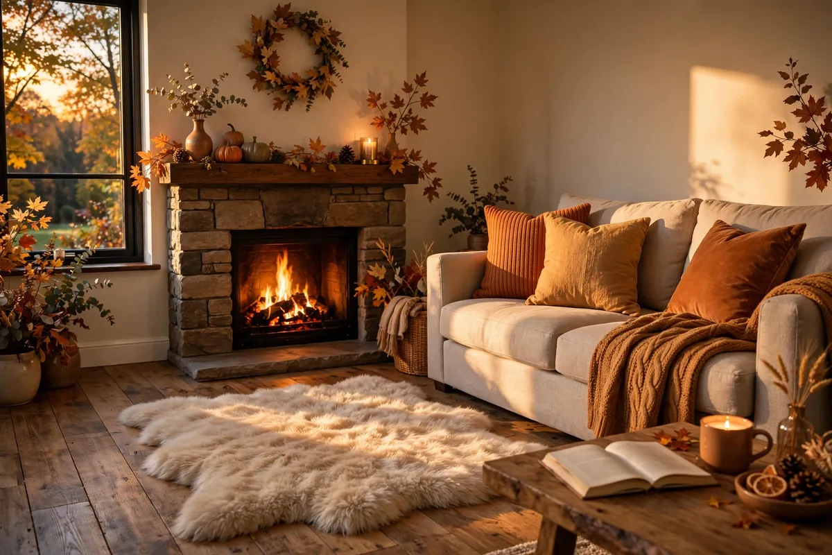 Fall living room decor idea: Add a Faux Fur Rug Beside the Sofa or Fireplace