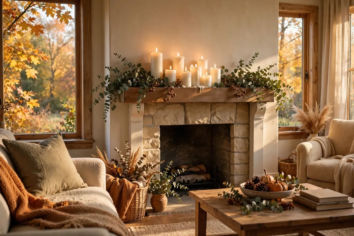 Fall living room decor idea: Cluster Pillar Candles in Mixed Heights