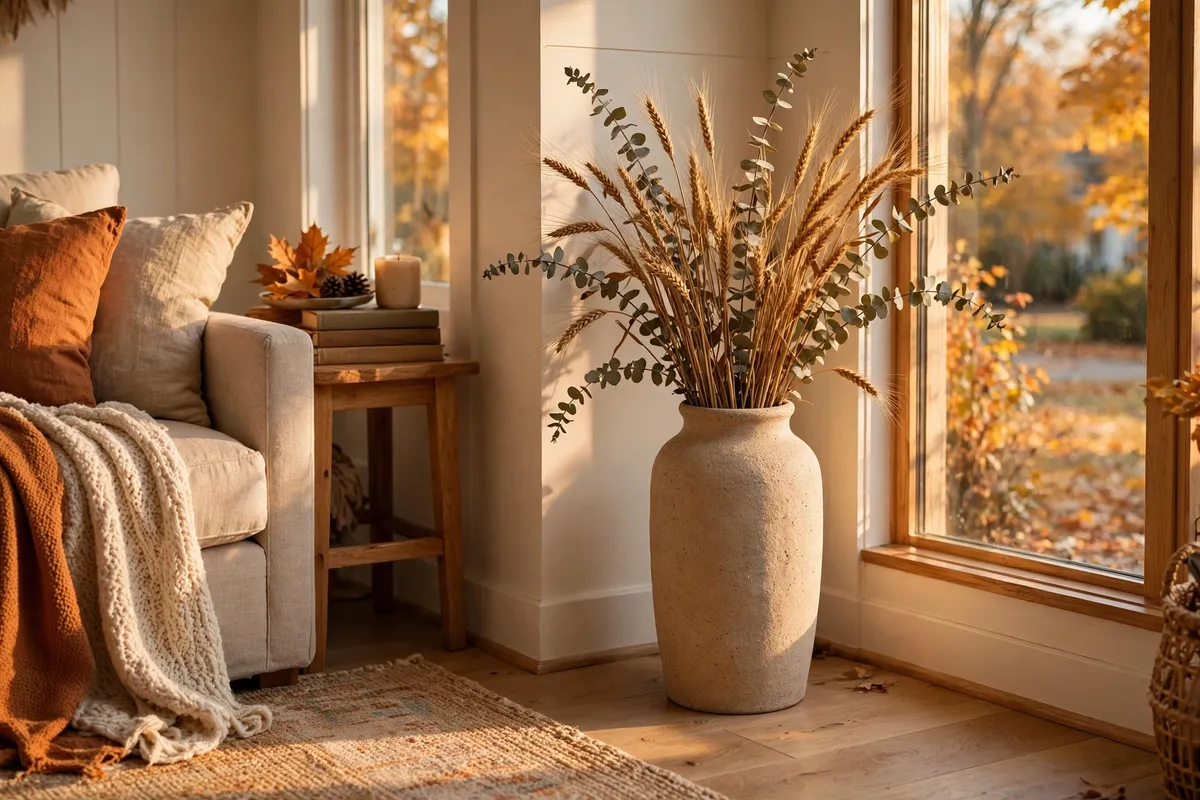 Fall living room decor idea: Fill a Tall Vase with Dried Wheat and Eucalyptus