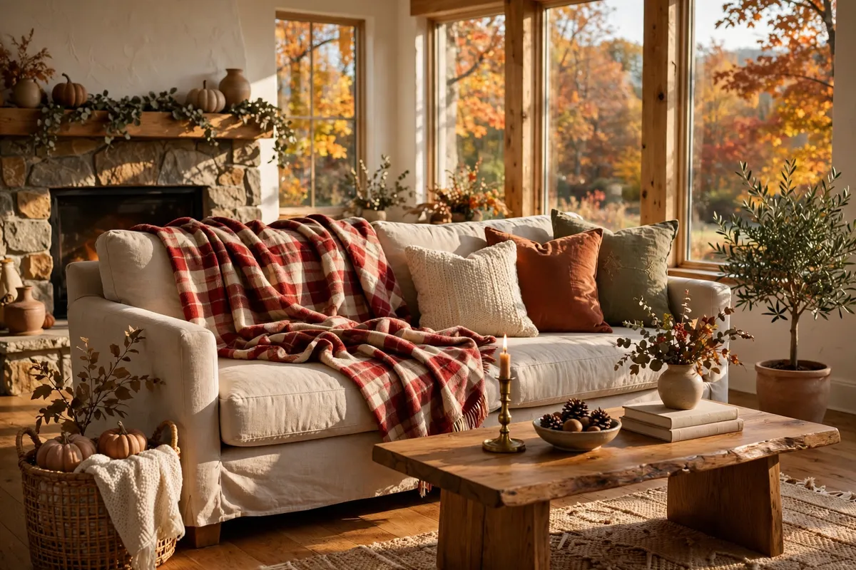 Fall living room decor idea: Toss a Plaid Flannel Blanket Over the Sofa Back