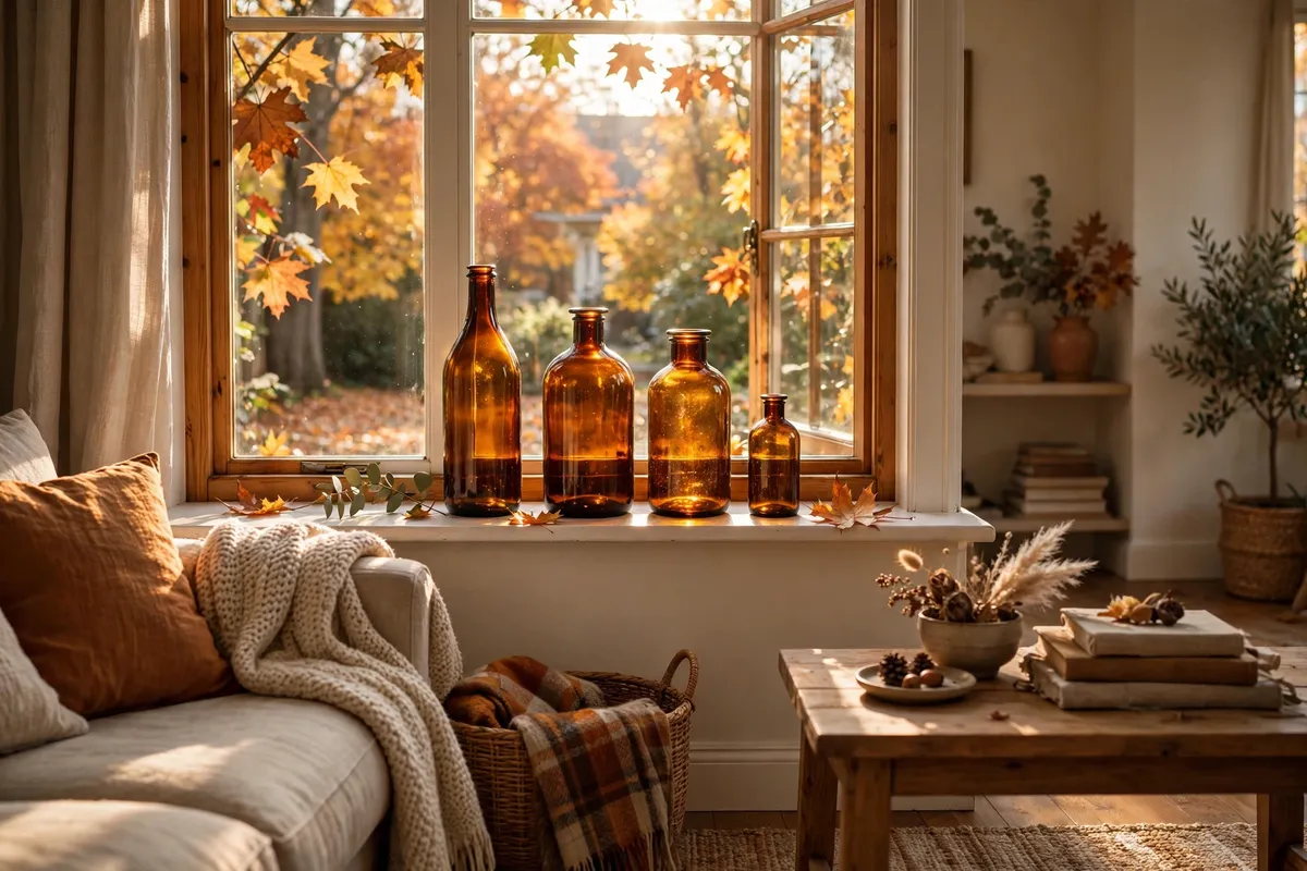 Fall living room decor idea: Style Amber Glass Bottles on the Windowsill