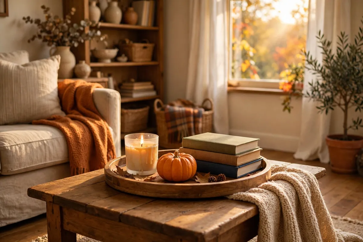 Fall living room decor idea: Anchor the Coffee Table with a Wooden Tray