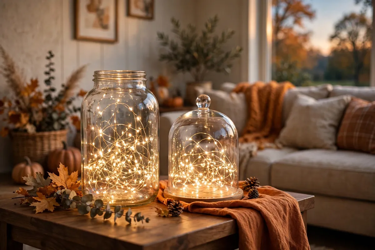 Fall living room decor idea: Drop Fairy Lights into a Glass Jar or Cloche