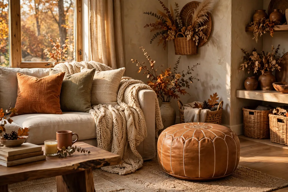 Fall living room decor idea: Add a Leather Pouf for Texture and Extra Seating