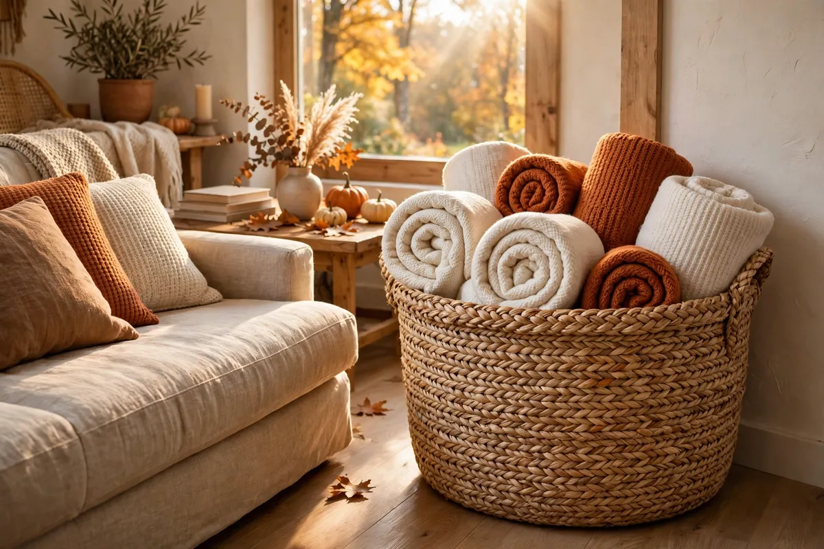 Fall living room decor idea: Corral Blankets in a Big Woven Basket