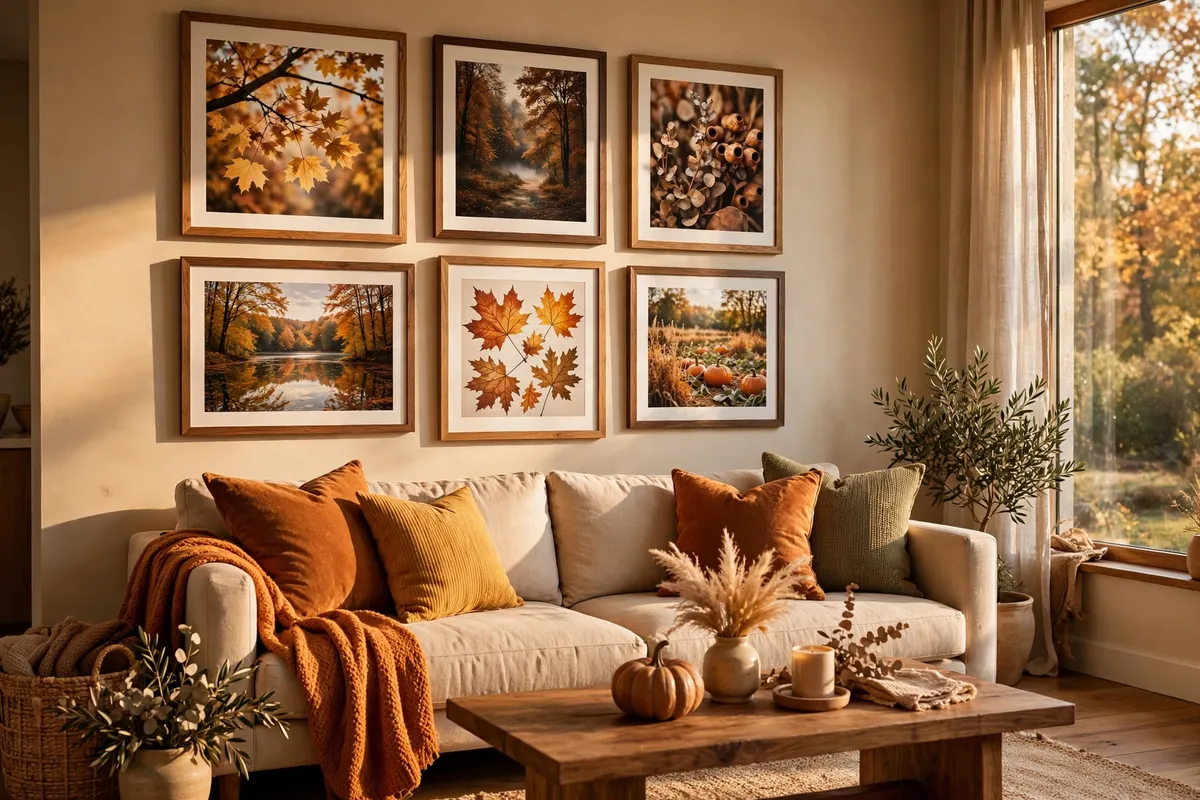 Fall living room decor idea: Hang a Mini Gallery Wall of Fall Prints