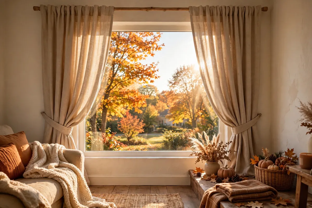 Fall living room decor idea: Swap Light Curtains for Warm Linen Panels
