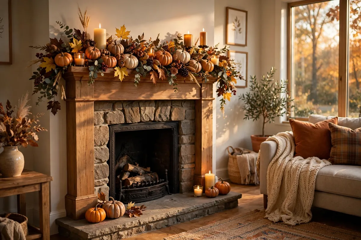 Fall living room decor idea: String a Pumpkin Garland Across the Mantel
