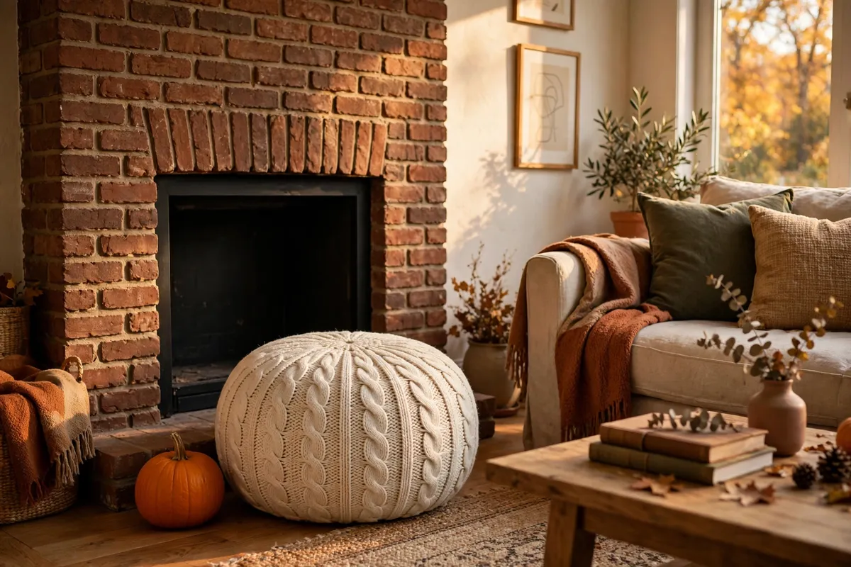 Fall living room decor idea: Tuck a Cable-Knit Pouf by the Fireplace