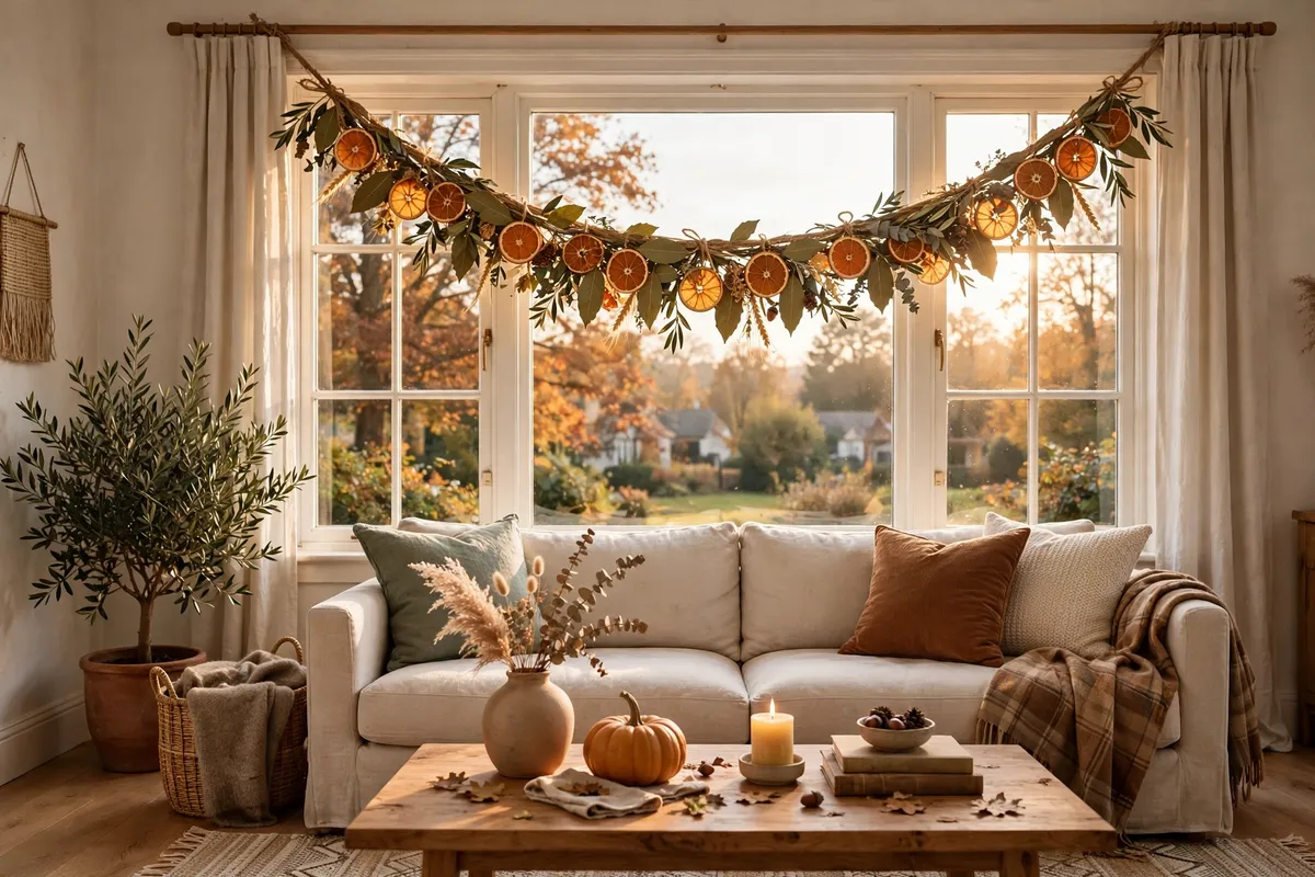 Fall living room decor idea: Hang a Dried Orange Slice Garland in the Window