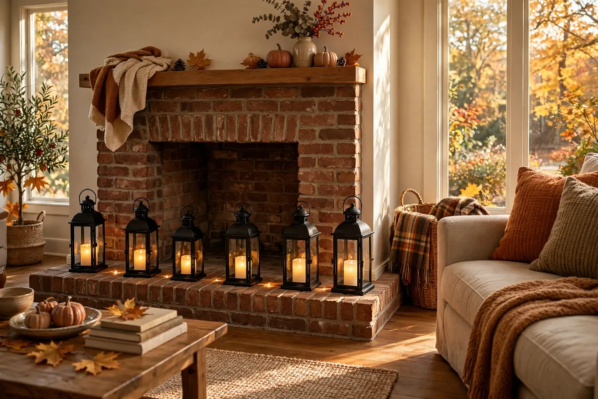 Fall living room decor idea: Line the Hearth with Lanterns and LED Candles