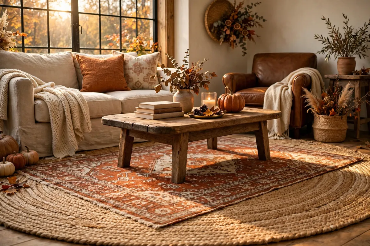 Fall living room decor idea: Layer a Patterned Rug Over a Jute Base