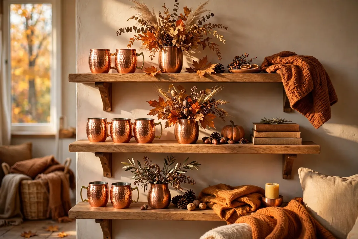 Fall living room decor idea: Warm Up Shelves with Copper Accents