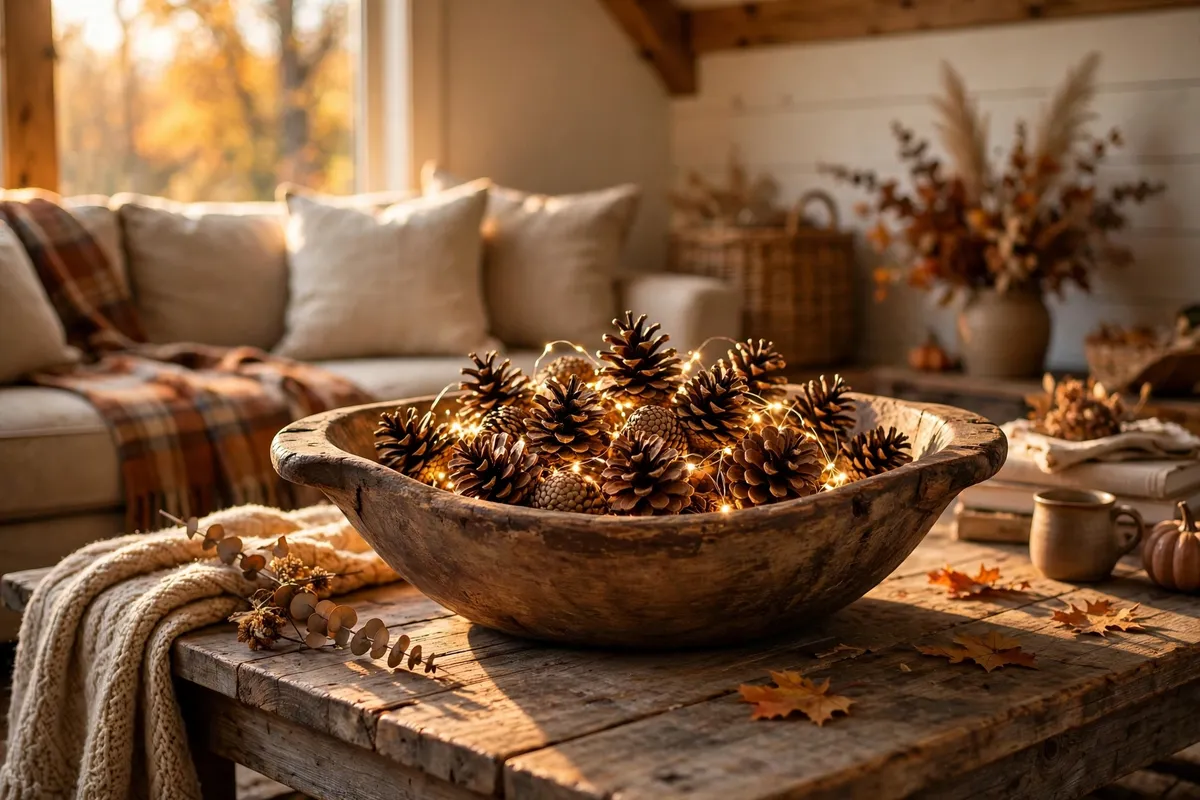 Fall living room decor idea: Fill a Dough Bowl with Pinecones and Fairy Lights