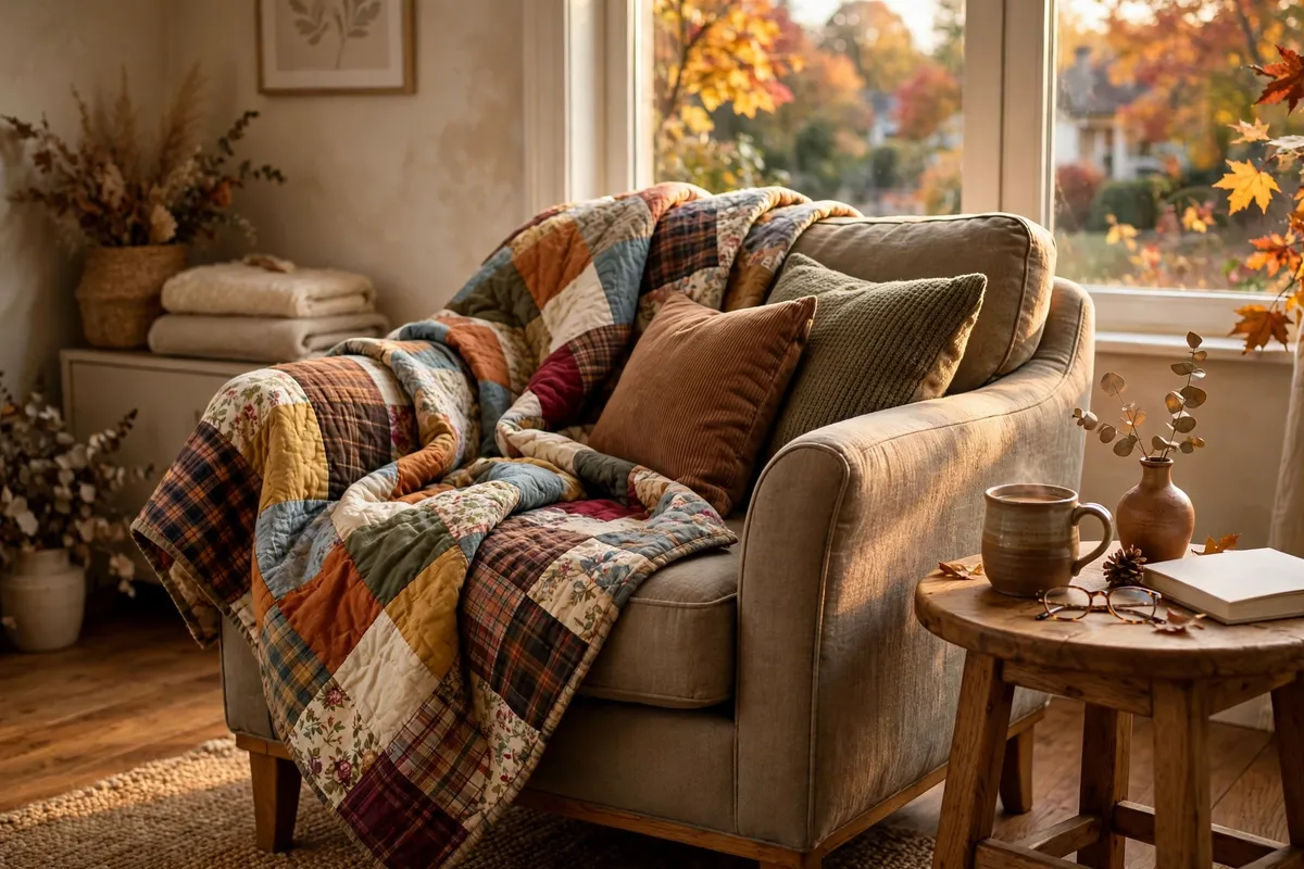 Fall living room decor idea: Keep a Quilted Throw on the Armchair