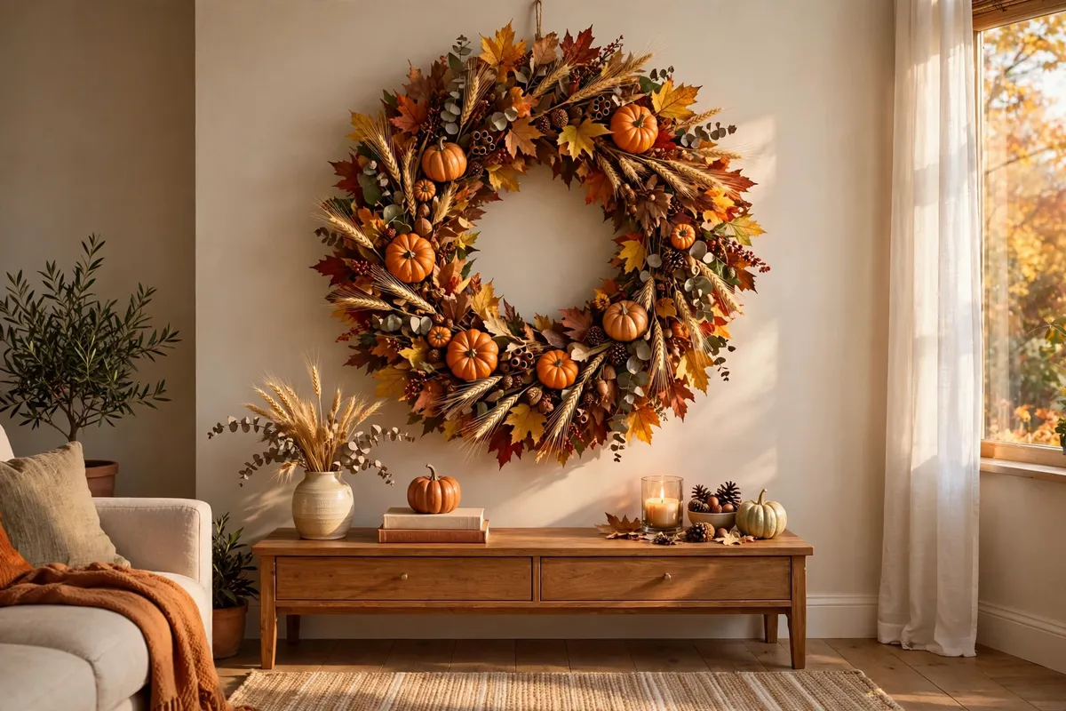 Fall living room decor idea: Hang an Oversized Fall Wreath as Wall Art