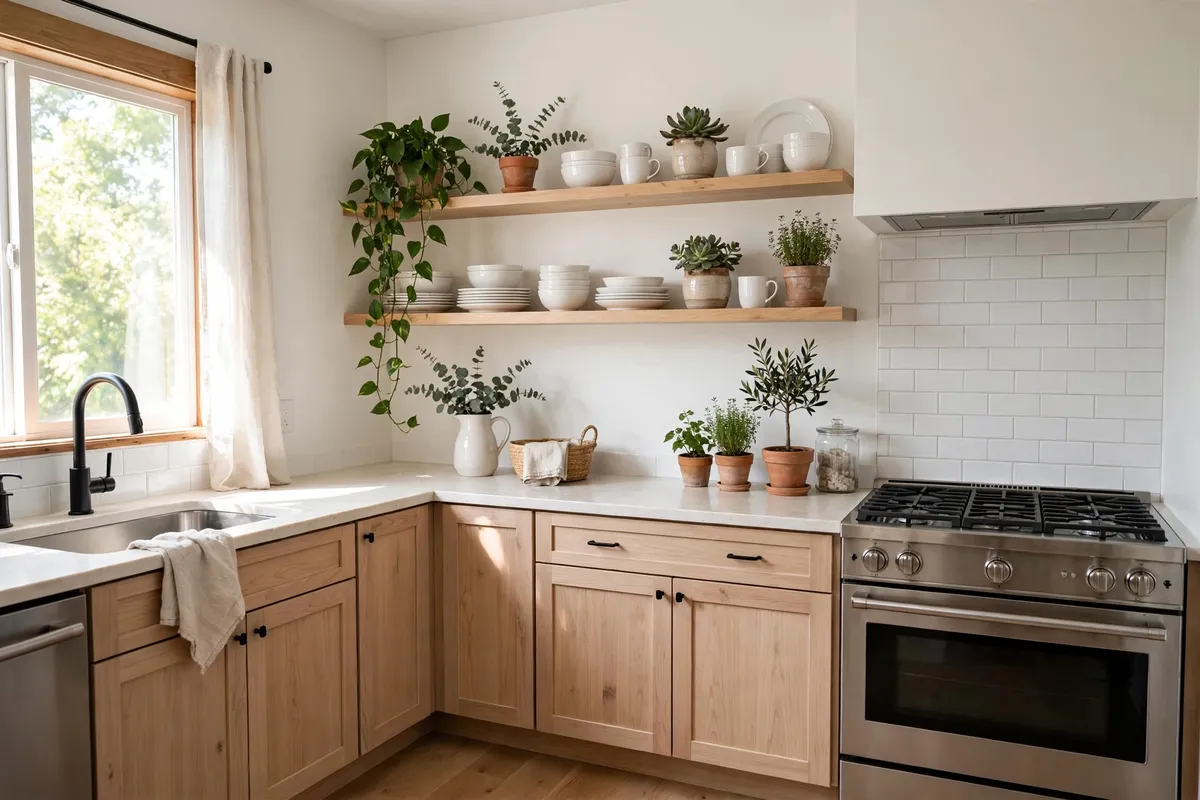 Small kitchen decor idea: Replace One Upper Cabinet with Open Shelving