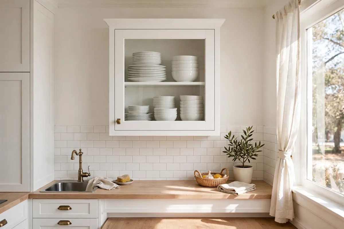 Small kitchen decor idea: Swap a Solid Cabinet Door for Glass