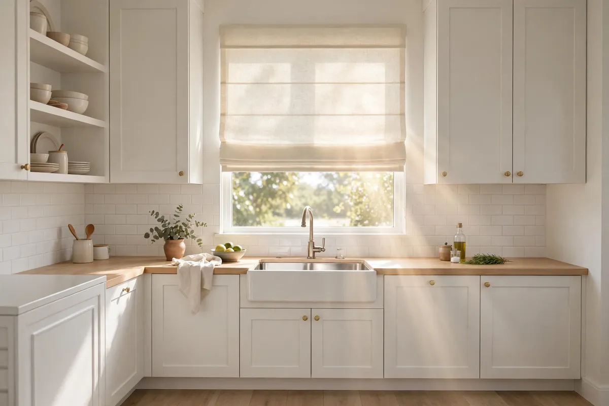 Small kitchen decor idea: Hang a Light-Filtering Roman Shade