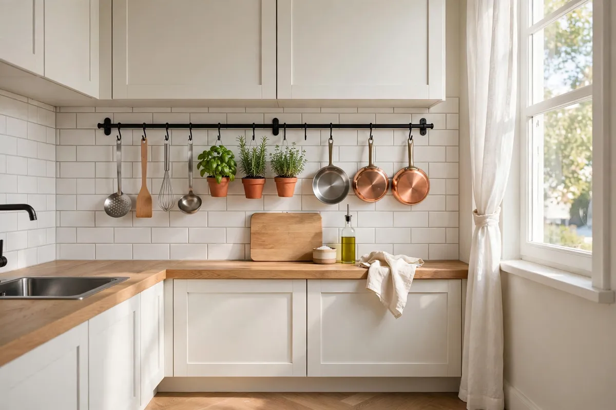 Small kitchen decor idea: Mount a Rail for Utensils and Pans