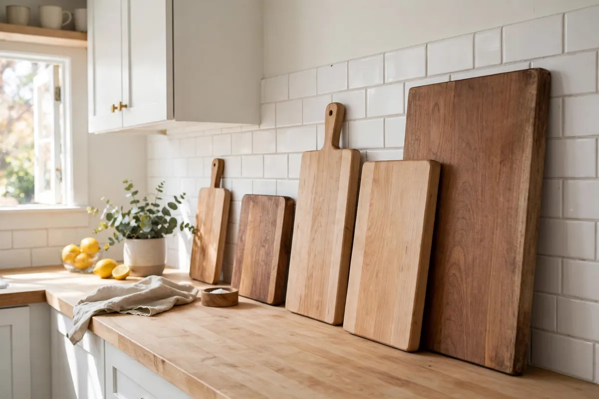 Small kitchen decor idea: Lean Wooden Cutting Boards Against the Backsplash