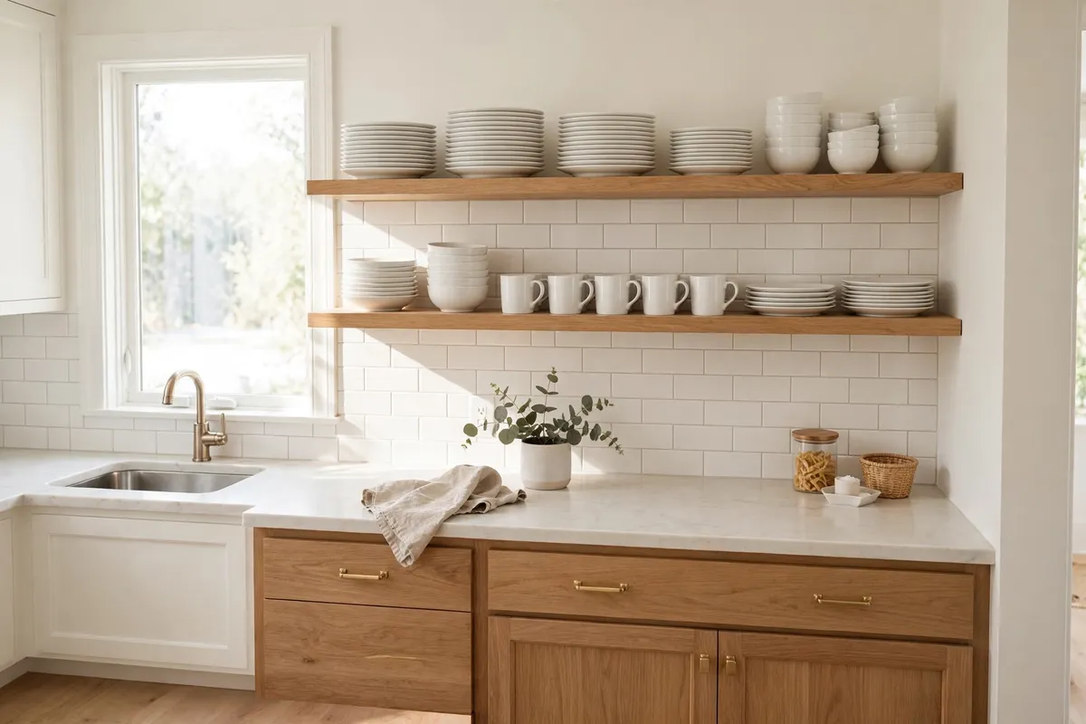 Small kitchen decor idea: Display Matching White Dishes Openly