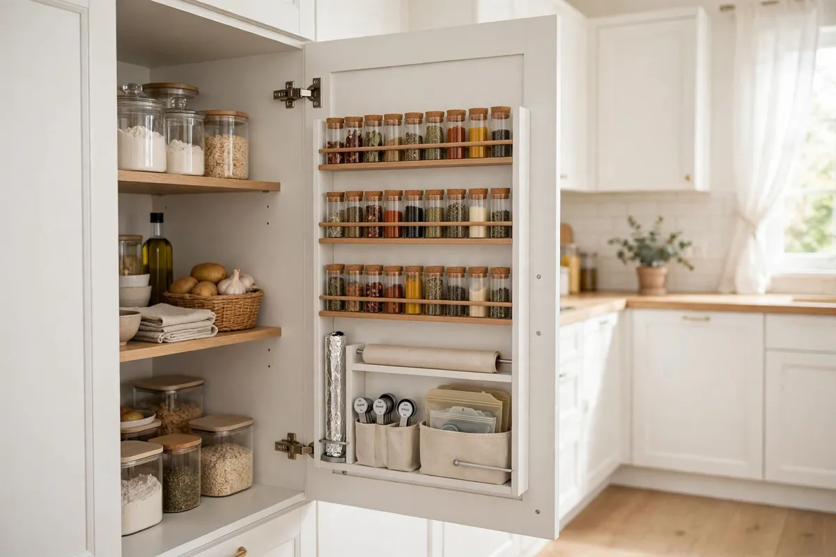 Small kitchen decor idea: Organize Inside Cabinet Doors