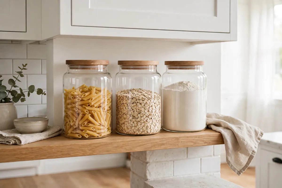 Small kitchen decor idea: Decant Pantry Staples into Matching Glass Jars