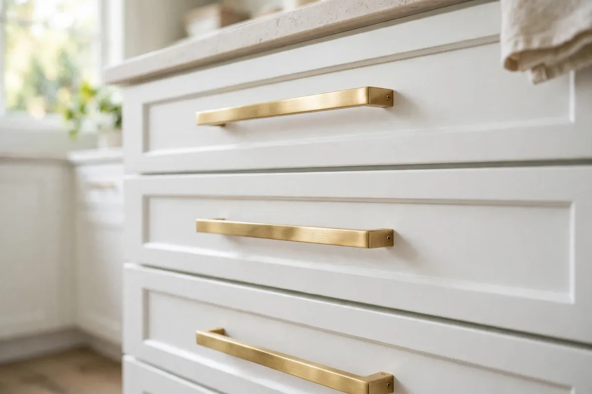 Small kitchen decor idea: Upgrade to Brass Bar Pulls