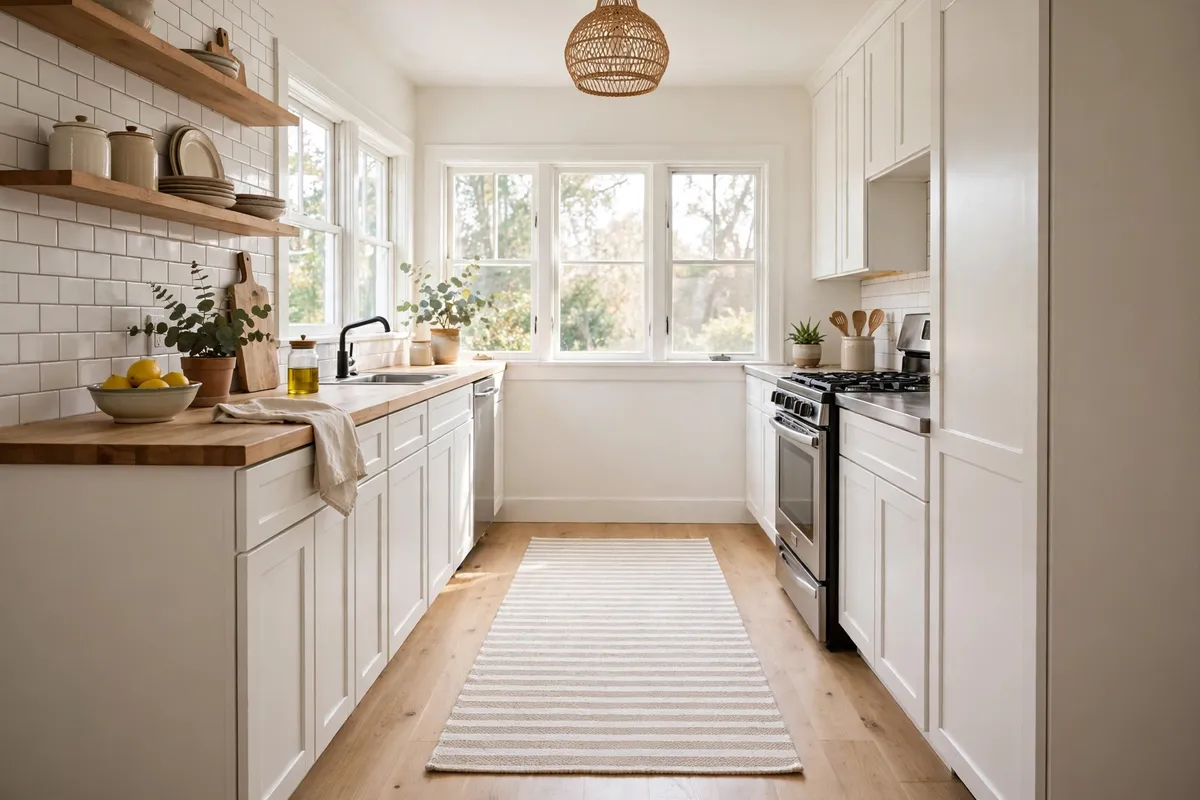 Small kitchen decor idea: Choose a Light Striped Runner