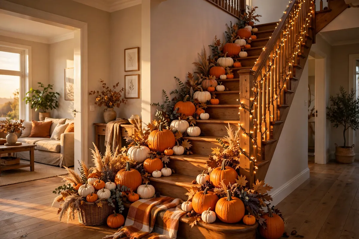 Halloween decor idea 1: A Pumpkin Parade Down the Stairs — cozy American home Halloween decoration photo