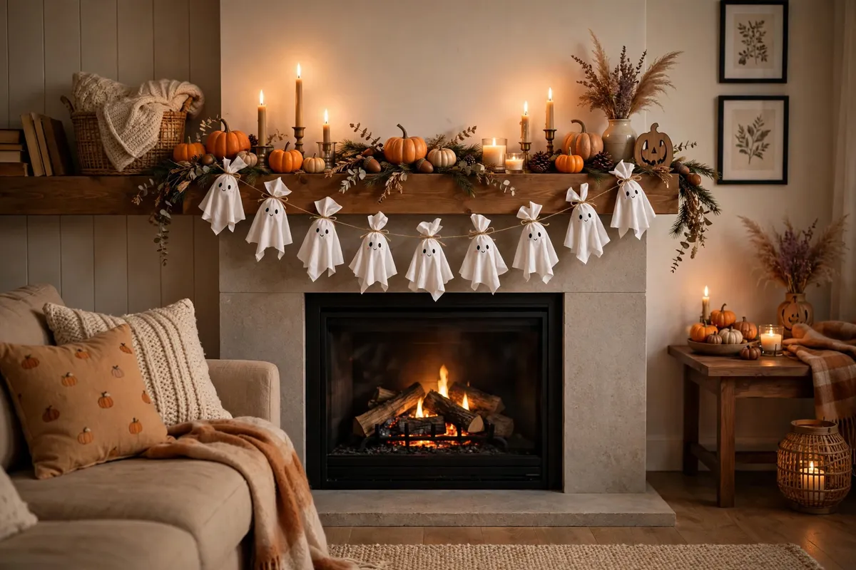 Halloween decor idea 2: The Floating Ghost Mantel — cozy American home Halloween decoration photo