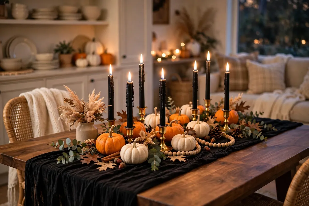 Halloween decor idea 3: Black Candles, Gold Holders, Zero Effort — cozy American home Halloween decoration photo