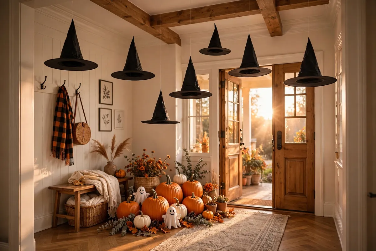 Halloween decor idea 4: Floating Witch Hats That Defy Gravity — cozy American home Halloween decoration photo