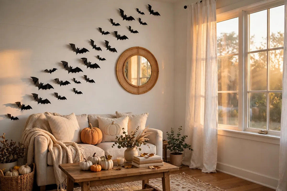 Halloween decor idea 5: The $3 Bat Wall Everyone Photographs — cozy American home Halloween decoration photo