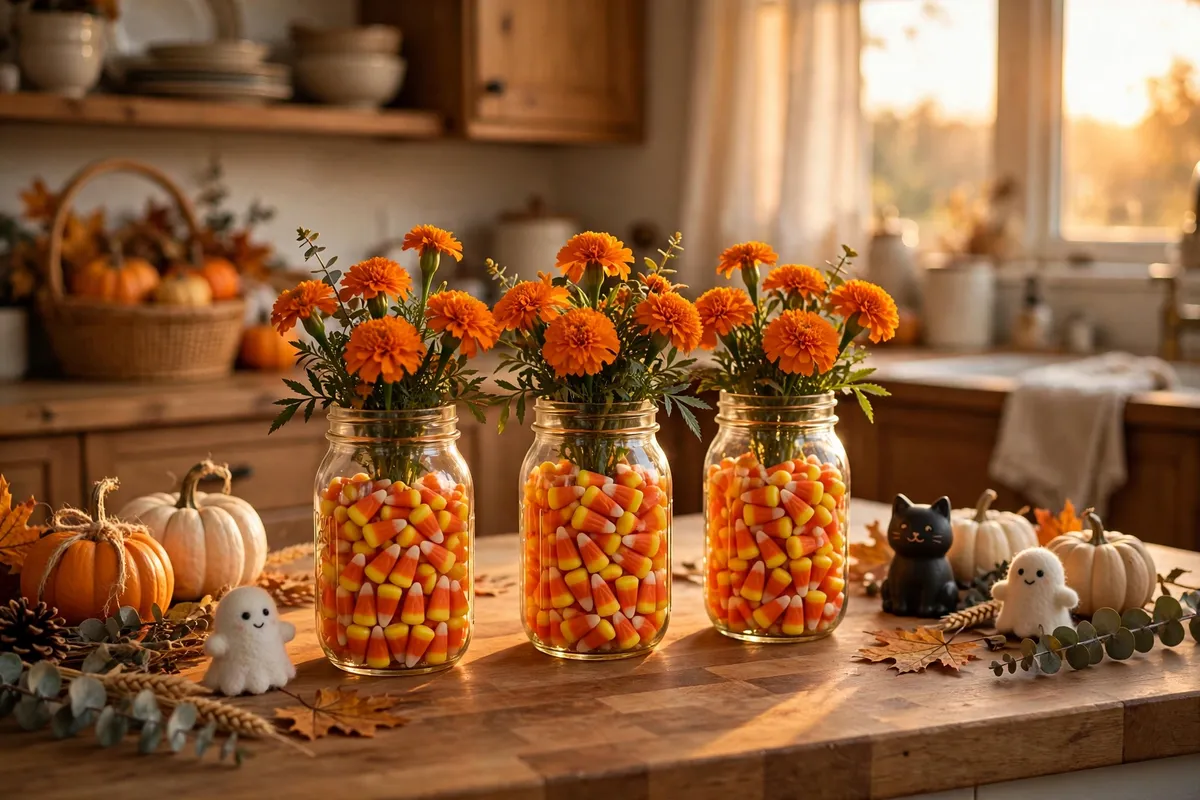 Halloween decor idea 8: Candy Corn Mason Jar Vases — cozy American home Halloween decoration photo