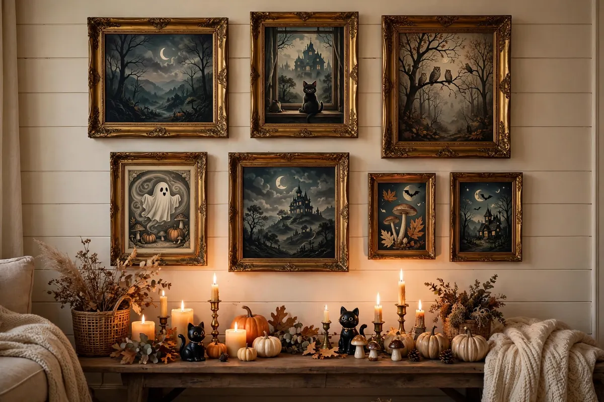 Halloween decor idea 9: A Haunted Gallery Wall With Thrifted Frames — cozy American home Halloween decoration photo