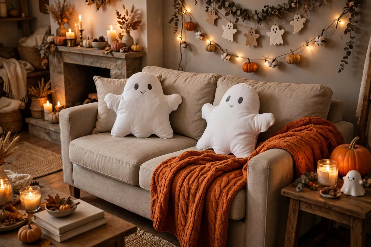 Halloween decor idea 10: Ghost Pillows Your Couch Deserves — cozy American home Halloween decoration photo