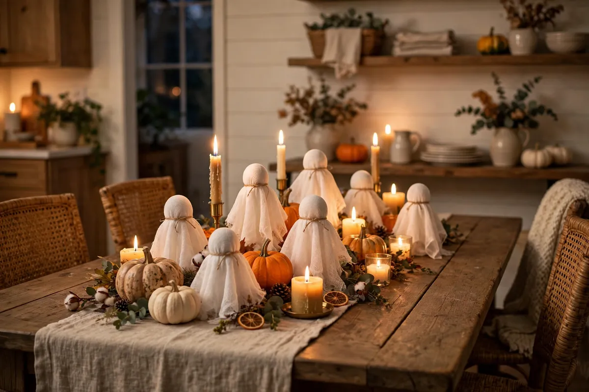Halloween decor idea 12: Cheesecloth Ghosts That Stand on Their Own — cozy American home Halloween decoration photo