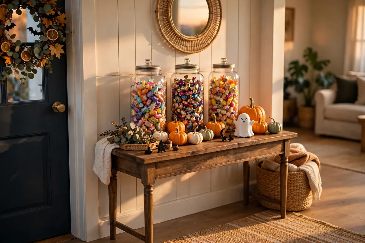 Halloween decor idea 13: A Candy Station That Looks Like Decor — cozy American home Halloween decoration photo