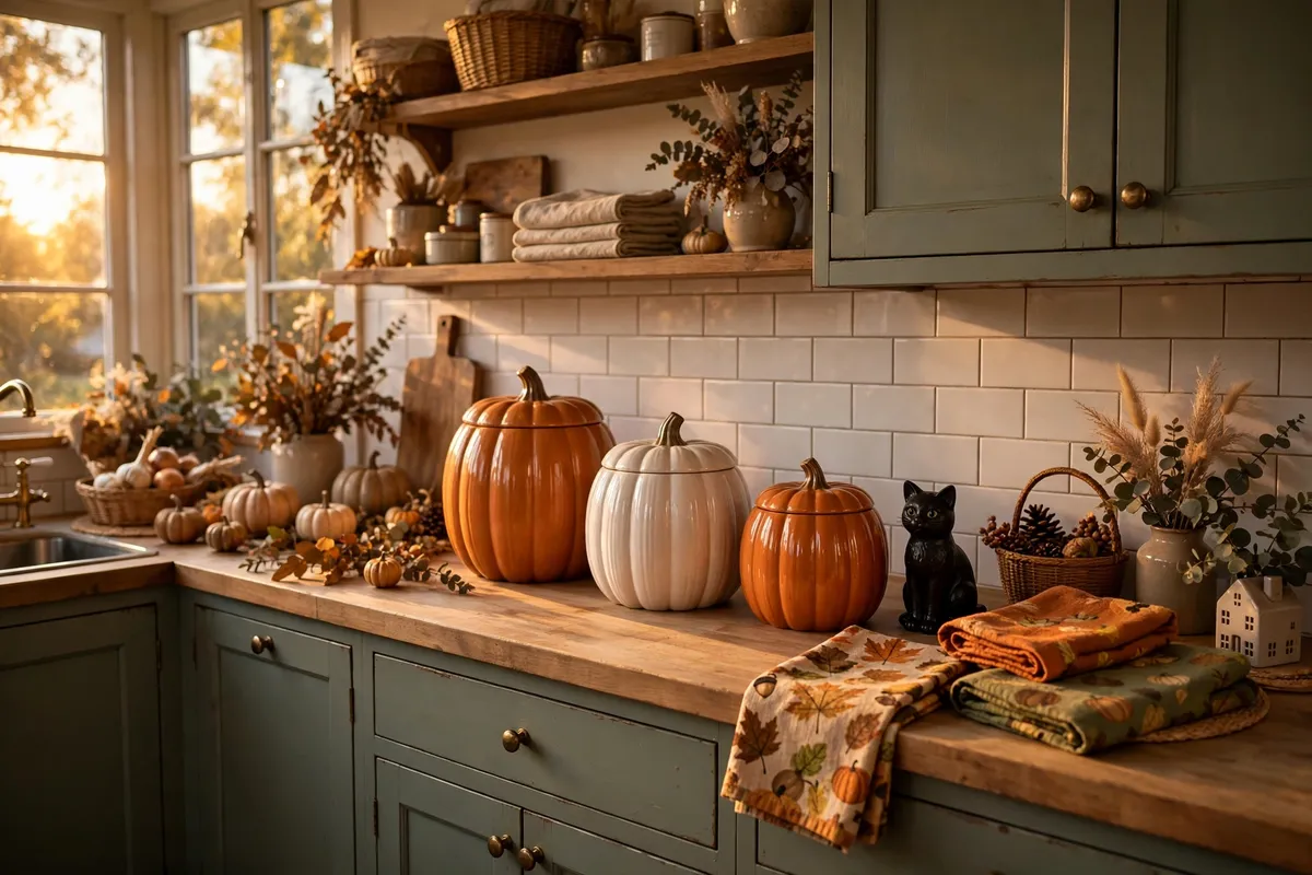 Halloween decor idea 15: Pumpkin Canisters + One Black Cat — cozy American home Halloween decoration photo