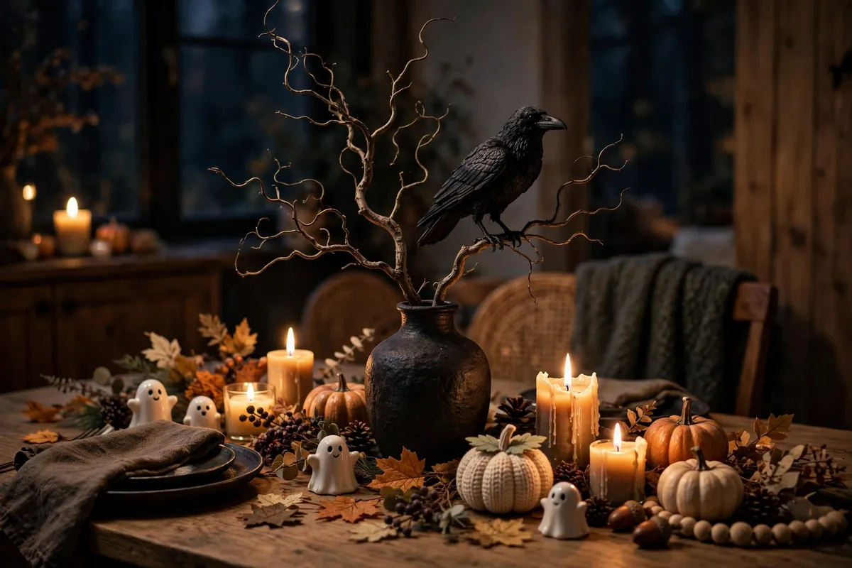 Halloween decor idea 18: One Branch, One Raven, Total Drama — cozy American home Halloween decoration photo