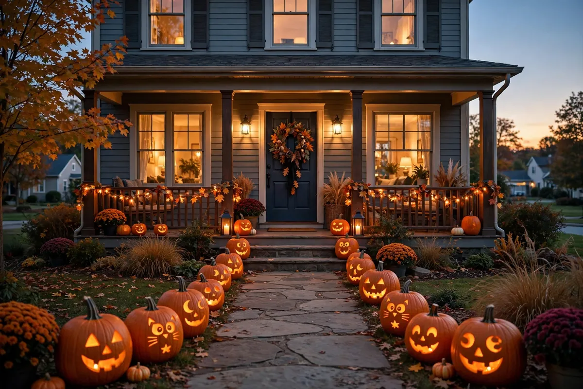 Halloween decor idea 19: A Glowing Pumpkin Pathway — cozy American home Halloween decoration photo